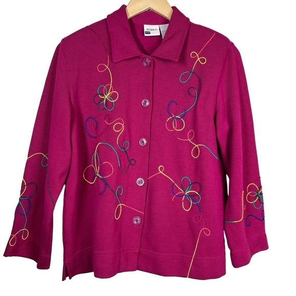 Vintage 80’s Koret Cardigan Fuchsia Rainbow Embroidery Petite Medium - Picture 3 of 12